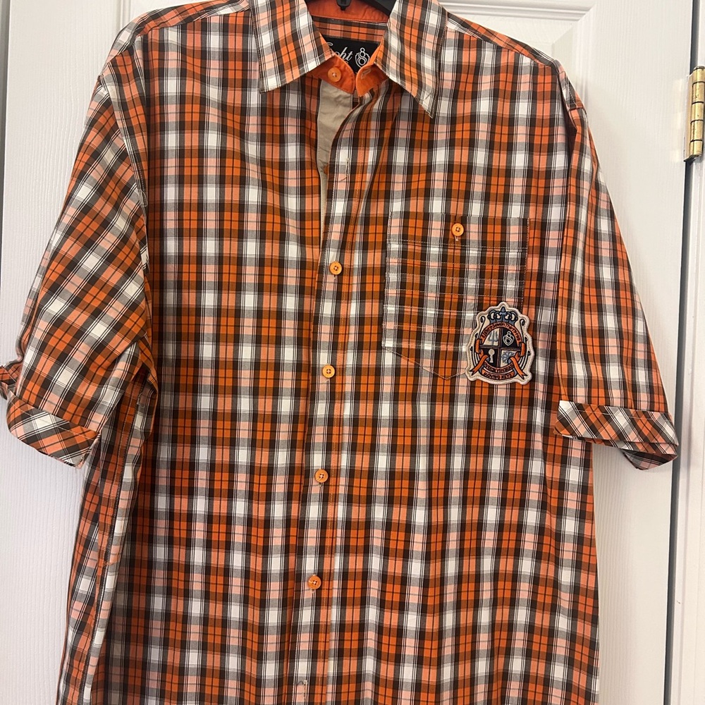 Eight732 Casual Orange Plaid Button-Down Shirt